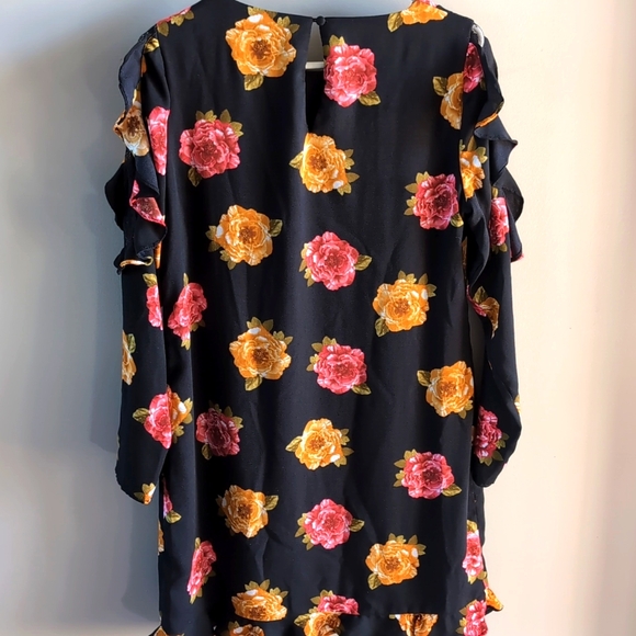 Nicole Miller Studio Women's Black Red Orange Floral Ruffle Long Sleeve Dress - Picture 8 of 16